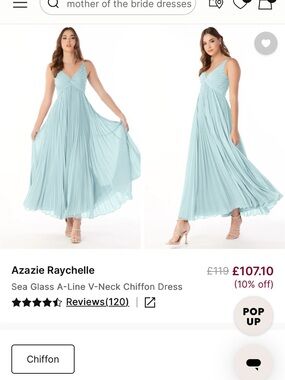 Azazie Sea Glass Raychelle Pleated V-Neck Chiffon Maxi Dress | Size 6